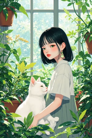 This is a fantasy-themed illustration with a minimalist approach. The focus is on a Japanese girl with a cute and innocent "kawaii" aesthetic, presented with a simple and clean design. The artwork emphasizes subtle colors, clean lines, smooth curves, and sleek contours, with bold outlines and crisp, sharp edges. The overall composition is uncluttered and refined, reflecting a fashion editorial style that is stylish, professional, and elegant, with an emphasis on simplicity and restraint rather than vibrant colors. Striking illustration work of a pretty girl and a young cat meeting for the first time in a greenhouse. The illustration is fantastically styled, capturing the expression of the girl's fascination with the cat's mysteriousness. The plants in the greenhouse are overflowing with a green glow, giving the impression of their meeting. ,