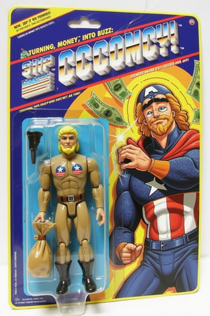 ral-afpacking. An unopened action figure package featuring "Civitain America," The figure inside shows a blonde man with a beard, with a buzz symbols across his chest, holding a money bag in one hand. The packaging features the tagline: "Turning money into buzz, one dollar at a time." Bold text on the side of the box reads, "Civitain America: Defender of Buzzconomy!" The background inside the blister pack showcases flying dollar bills and sparkling buzz icons.