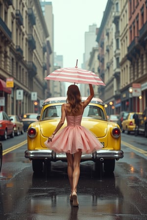 Vogue photoshoot of the yellow Taxi in New York, a ballet girl's back with a stripe umbrella, short skirt, dancing, rainy day, buildings, full-length photograph, in Wes Anderson style, the grand hotel Budapest style, outdoor, unrealistic, symmetrical right in the middle, a front view, pink and amber color is the main pastel tone