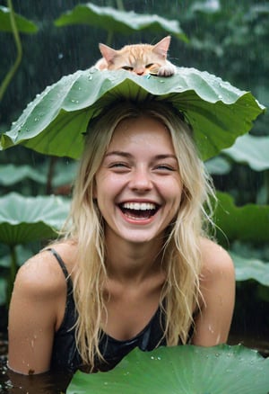 Photo of a blonde laughing with a (cat) on top of her head, they are wet and hiding under a big lotus leaf in the (rain). Canon 5d Mark 4, Kodak Ektar