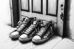 mdsktch sketch of a pair of sneakers standing in front of a wooden door