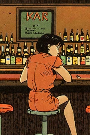 Comic panel illustration of a woman sitting at a bar , akira style 