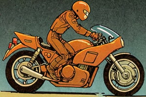 Comic panel illustration of a man on a motorcycle, profile, side view, full body , akira style 