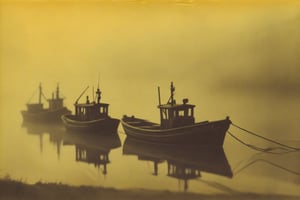 colouring_experiment_analogue, a foggy sea with some fisherboats, hard shadow