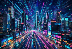 City skyline at night, cool colors, vibrant lights, futuristic style, wide angle, bustling streets, dark sky