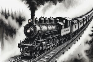 Overhead shot. Drawing of a steam train on a railroad