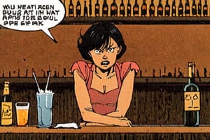 Comic panel illustration of a comic strip with a woman sitting at a bar , akira style 