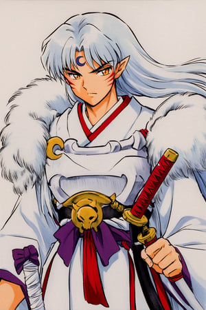 Sesshoumaru, 1boy, long hair, male focus, solo, weapon, sword, facial mark, pointy ears, armor, forehead mark, white hair, japanese clothes, yellow eyes, white background, simple background, fur, crescent, katana, sheathed, sheath, traditional media