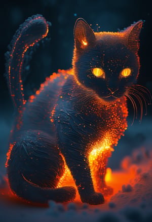 sparkles, depiction of a cat made out of glowing hot iron inside cold nitrogen, intricate, detailed