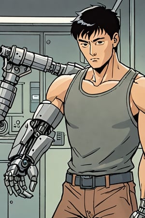 Comic panel illustration of a man with one robotic arm and a human arm, akira style 