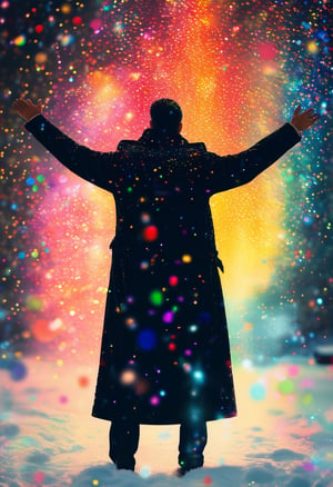 A man in a black coat, back view, arms raised, standing in the snow, radiating colorful sparkles 