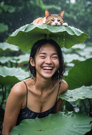 Photo of a woman laughing with a (cat) on top of her head, they are wet and hiding under a big lotus leaf in the (rain). Canon 5d Mark 4, Kodak Ektar