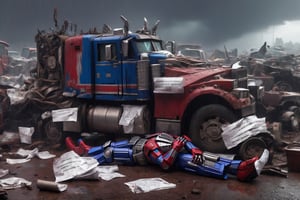 Photo of Optimus Prime lying on the gran, in a junkyard, rain, paper, 4k, uhd, masterpiece 