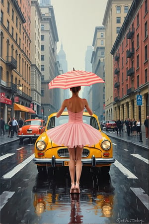 Oil Painting of a yellow Taxi in New York, a ballet girl's back with a stripe umbrella, short skirt, dancing, rainy day, buildings, full-length photograph, in Wes Anderson style, the grand hotel Budapest style, outdoor, unrealistic, symmetrical right in the middle, a front view, pink and amber color is the main pastel tone