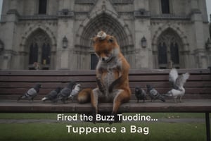 Film still. A staring fox sitting head down on a bench feeding pigeons, the fox is wearing an old woman's hat.  background is a cathedral. Subtitle at the bottom that says "Feed the Buzz (Tuppence a Bag)"