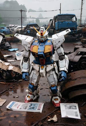 Photo of a Gundam wreckage on a junkyard, rain, paper, 4k, uhd, masterpiece 