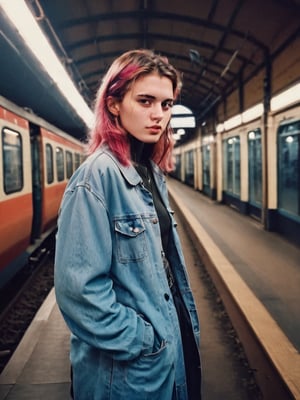 AMAZING PHOTO young woman in a train station, outdoor  photography 90s style Analogic clothes and environment from the 90s 90s style , 80s style , Analogic , 1990s