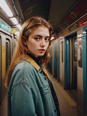 AMAZING PHOTO young woman in a subway photography 90s style Analogic clothes and environment from the 90s 90s style , 80s style , Analogic , 1990s