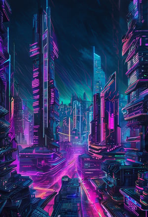 Futuristic cityscape, neon colors, artificial lighting, cyberpunk style, dense layout, towering skyscrapers, dark sky