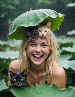 Photo of a blonde laughing with a (cat) on top of her head, they are wet and hiding under a big lotus leaf in the (rain). Canon 5d Mark 4, Kodak Ektar