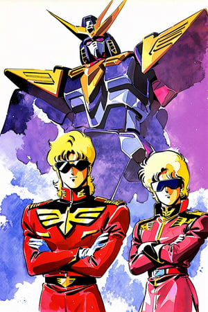 Char Aznable, 1boy, mecha, blonde hair, robot, male focus, uniform, gloves, sunglasses, military, crossed arms, military uniform, belt, white background, red pants, solo, retro artstyle, 1980s style, watercolor