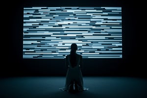 A dramatic photograph of a woman kneeling in prayer before a massive, wall-sized TV screen displaying static noise. The woman is positioned in the center of the frame, her hands clasped in front of her, head bowed in deep reverence. She is wearing a simple, long flowing dress, with her hair loosely tied back. The room around her is dark and minimalistic, illuminated only by the flickering light from the static on the TV screen, casting sharp shadows. The scene has a somber, contemplative mood, emphasizing a sense of devotion amidst technology. Cinematic lighting, high contrast, wide-angle shot, surreal atmosphere, dystopian vibe.