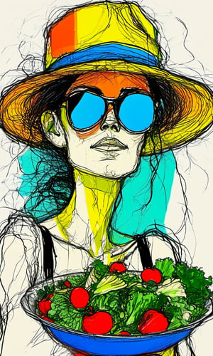 color mdsktch of a woman wearing a hat and sunglasses looking at salad