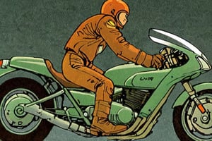 Comic panel illustration of a man on a motorcycle, profile, side view , akira style
