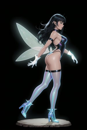 a woman fairy, asymmetric perfect fairy wings, (perfect face), bright eyes, dark forest background, highly detailed, full body, holographic sexy cut out bodysuit transparent, glitter thong, shine, sparkling holographic white, black long hair, comic style, sorcerer costume, boots, gloves, side view