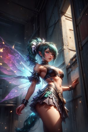 (masterpiece, best_quality, ultra-detailed, immaculate:1.3), epic, punk rocker girl, 1girl, [:revealing costume design,:0.2], official art, (african, dark skin:0.6), bombshell punk hair, slate blue hair, short bombshell hair, studio deep blue lighting , torn leather skirt, in a  fancy hallway, bombshell hair, dark green long hair, Pigtail Buns, side ponytail, fairy wings, wings, fairy, DonMF41ryW1ng5, view from below