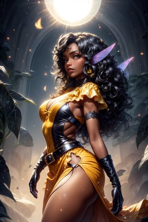 dark skin, a black woman fairy, symmetric perfect fairy wings, perfect face, sun light day sunflower background, highly detailed, bright eyes, sexy cut out yellow dress, shine, pixie dust, magic dust, wavy black long hair, leather belt, gloves, DonMF41ryW1ng5