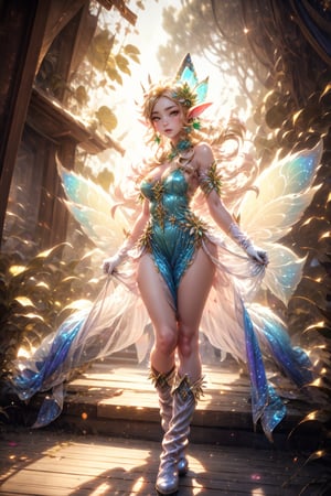 korean, asian, pale skin, a woman, bright eyes, perfect face, blonde hair, long hair, sunset background, highly detailed, sexy cut out green dress, circle skirt, Artistic makeup, boots, gloves, fairy, fairy wings, dinamic pose, standing, full body 