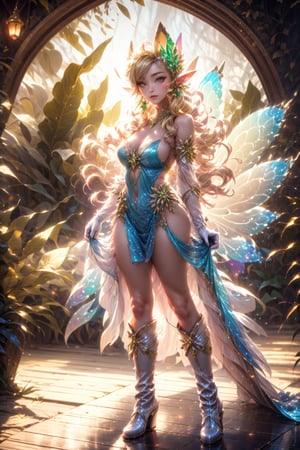 korean, asian, pale skin, a woman, bright eyes, perfect face, blonde hair, long hair, sunset background, highly detailed, sexy cut out green dress, circle skirt, Artistic makeup, boots, gloves, fairy, fairy wings, dinamic pose, standing, 