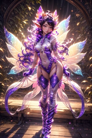 korean, asian, pale skin, a woman, bright eyes, perfect face, bangs, black hair, long hair, orange pink sunset background, highly detailed, sexy cut out purple bodysuit, cosmic, boots, gloves, fairy, fairy wings, dinamic pose, standing, full body 