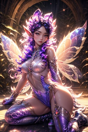 korean, asian, pale skin, a woman, bright eyes, perfect face, bangs, black hair, long hair, orange pink sunset background, highly detailed, sexy cut out purple bodysuit, cosmic, boots, gloves, fairy, fairy wings