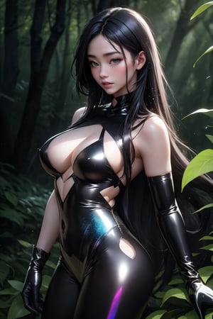 korean, asian, pale skin, a woman sorcerer, perfect face, dark forest background, highly detailed, holographic sexy cut out bodysuit holographic, glitter, shine, sparkling holographic, black long hair, comic style, sorcerer costume, boots, gloves