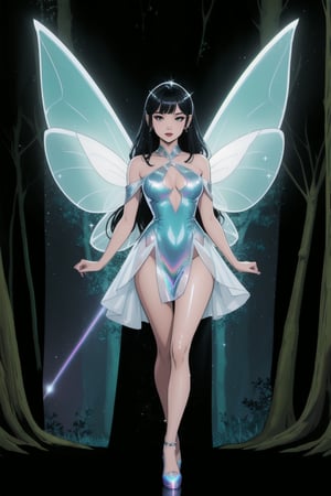 a woman fairy, asymmetric perfect fairy wings, perfect face, dark forest background, highly detailed, full body, holographic sexy cut out dress white, glitter, shine, sparkling holographic white, black long hair, comic style, sorcerer costume 