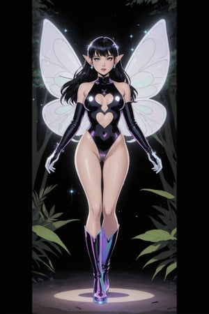 a woman fairy, asymmetric perfect fairy wings, (perfect face), bright eyes, dark forest background, highly detailed, full body, holographic sexy cut out bodysuit transparent, glitter thong, shine, sparkling holographic white, black long hair, comic style, sorcerer costume, boots, gloves