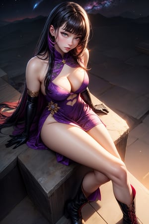 korean, asian, pale skin, a woman, bright eyes, perfect face, bangs, black hair, long hair, orange pink sunset background, highly detailed, sexy cut out purple dress, cosmic, boots, gloves, sitting, view from above
