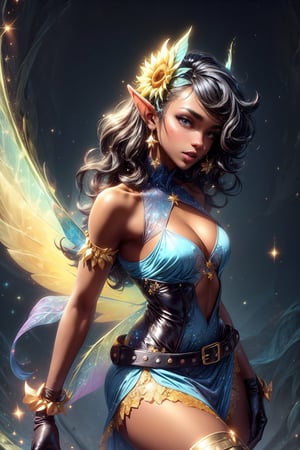 dark skin, a black woman fairy, symmetric perfect fairy wings, perfect face, light day sunflower background, highly detailed, bright eyes, sexy cut out dress yellow, shine, sparkling glitter, pixie dust, magic dust, wavy black long hair, leather belt, gloves, DonMF41ryW1ng5