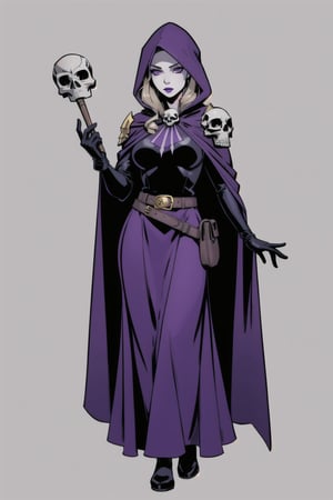 a woman witch costume, (perfect face), pale skin, full purple eyes, blank background, highly detailed, full body, top, gloves, long skirt, comic style, holding skull staff, golden skull belt, skull shoulder pad, purple hooded cape, hidden hair