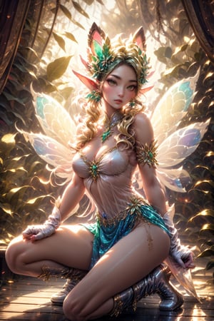 korean, asian, pale skin, a woman, bright eyes, perfect face, blonde hair, long hair, sunset background, highly detailed, sexy cut out green dress, circle skirt, Artistic makeup, boots, gloves, fairy, fairy wings, 