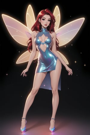 a woman fairy, asymmetric perfect fairy wings, perfect face, blank background, highly detailed, full body, holographic sexy cut out dress red, glitter, shine, sparkling holographic red, long hair, comic style