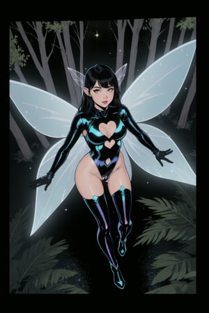 a woman fairy, asymmetric perfect fairy wings, (perfect face), bright eyes, dark forest background, highly detailed, full body, holographic sexy cut out bodysuit transparent, glitter thong, shine, sparkling holographic white, black long hair, comic style, sorcerer costume, boots, gloves, flying, view from above 