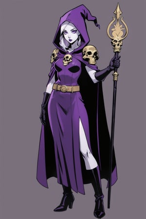 a woman witch costume, (perfect face), pale skin, full purple eyes, blank background, highly detailed, full body, top, gloves, long skirt, comic style, holding skull staff, golden skull belt, skull shoulder pad, purple hooded cape, hidden hair
