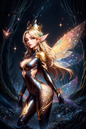 a woman fairy, symmetric (perfect fairy wings), perfect face, night forest background, highly detailed, bright eyes, sexy cut out bodysuit golden, shine, sparkling glitter, pixie dust, magic dust, Brown long hair, golden crown, gloves, DonMF41ryW1ng5