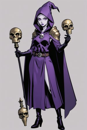 a woman witch costume, (perfect face), pale skin, full purple eyes, blank background, highly detailed, full body, top, gloves, long skirt, comic style, holding skull staff, golden skull belt, skull shoulder pad, purple hooded cape