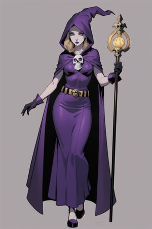 a woman witch costume, (perfect face), pale skin, full purple eyes, blank background, highly detailed, full body, top, gloves, long skirt, comic style, holding skull staff, golden skull belt, skull shoulder pad, purple hooded cape