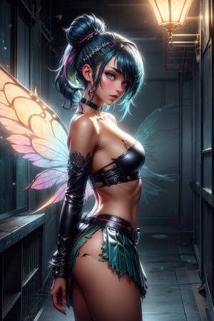 (masterpiece, best_quality, ultra-detailed, immaculate:1.3), epic, punk rocker girl, 1girl, [:revealing costume design,:0.2], official art, (african, dark skin:0.6), bombshell punk hair, slate blue hair, short bombshell hair, studio deep blue lighting , torn leather skirt, in a  fancy hallway, bombshell hair, dark green long hair, Pigtail Buns, side ponytail, fairy wings, wings, fairy, DonMF41ryW1ng5