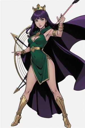 a woman, (perfect face), bright eyes, blank background, highly detailed, full body, sexy cut out green dress, purple hair with bangs, straight long hair, comic style, archery pose, archer queen costume, golden bracelets, green cape, golden crown